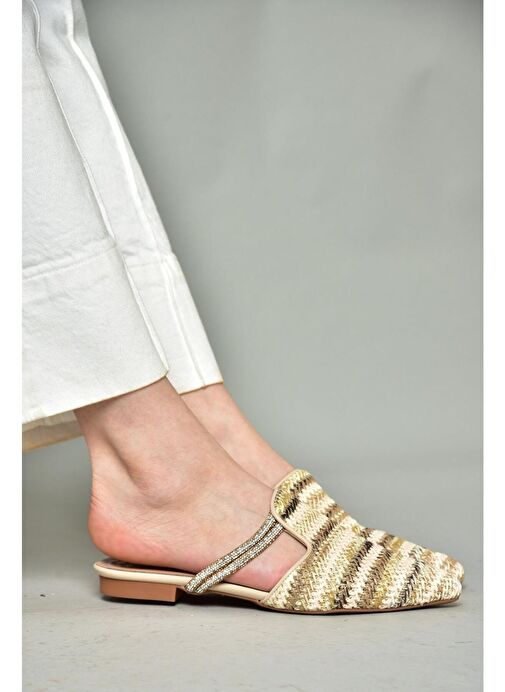 P820031417 Bej/Vizon Hasır Taş Detaylı Kadın Terlik - Görsel 5