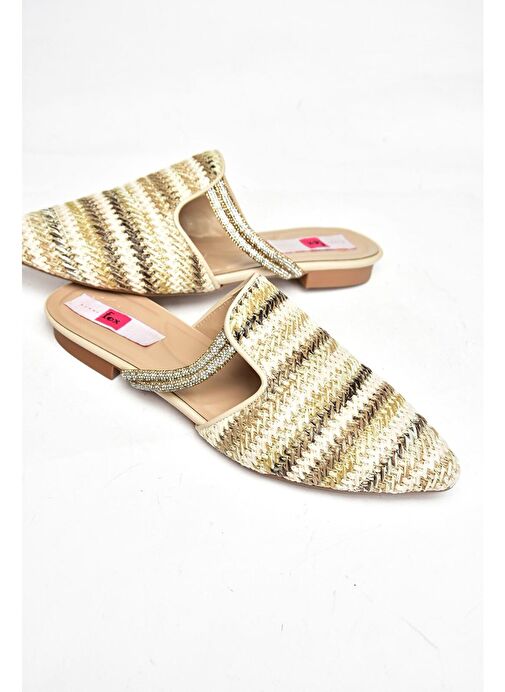 P820031417 Bej/Vizon Hasır Taş Detaylı Kadın Terlik - Görsel 8
