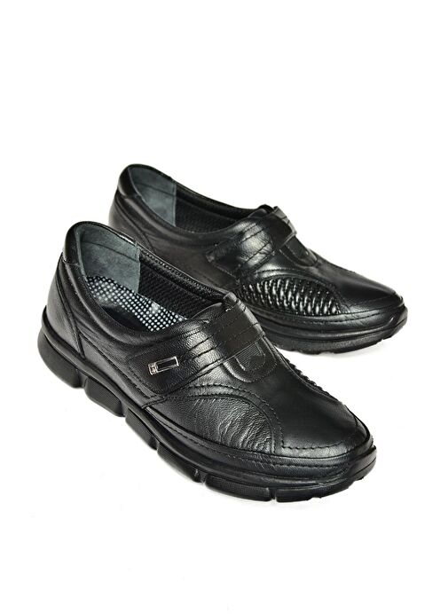 P555190103 Siyah Hakiki Deri Comfort Ortopedik Taban Kadın Ayakkabı - Görsel 4