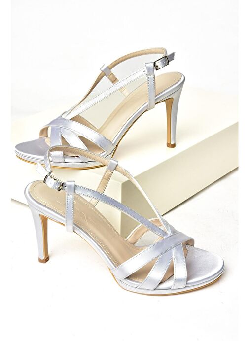 S569714304 Gümüş Kumaş İnce Topuklu Kadın Ayakkabı - Görsel 6