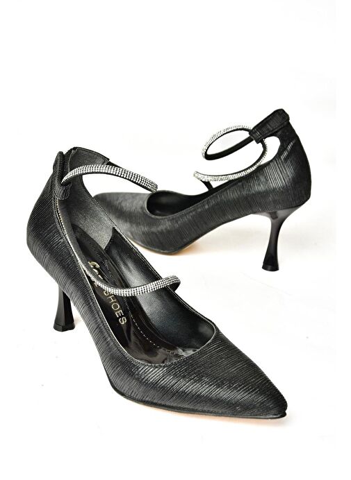 S246069714 Siyah Simli İnce Topuklu Kadın Abiye Ayakkabı - Görsel 6