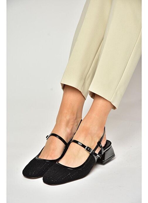 S472572604 Siyah Kumaş Kalın Topuklu Kadın Ayakkabı - Görsel 2