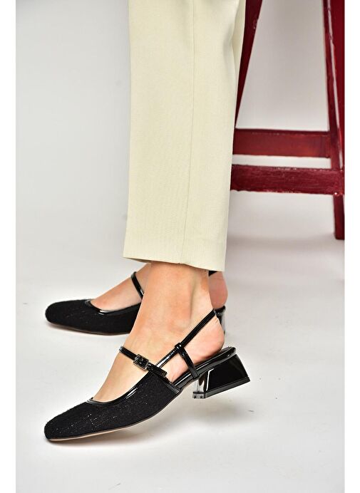 S472572604 Siyah Kumaş Kalın Topuklu Kadın Ayakkabı - Görsel 3