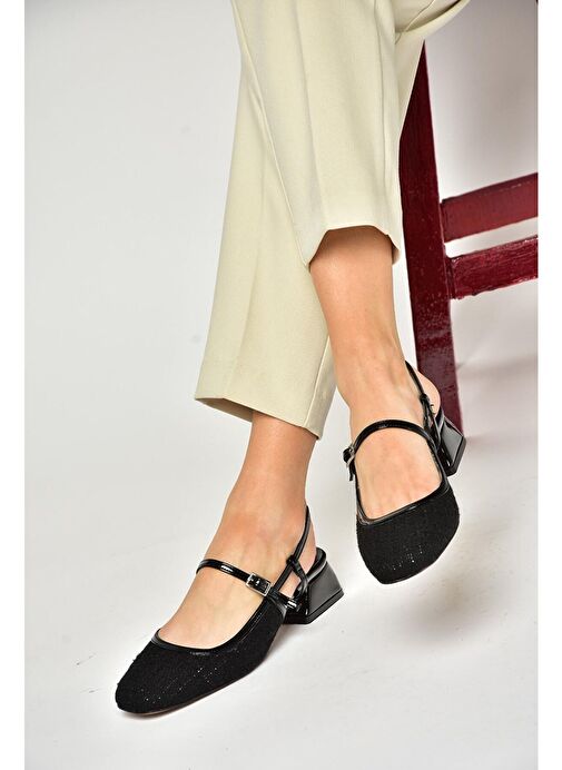 S472572604 Siyah Kumaş Kalın Topuklu Kadın Ayakkabı - Görsel 4