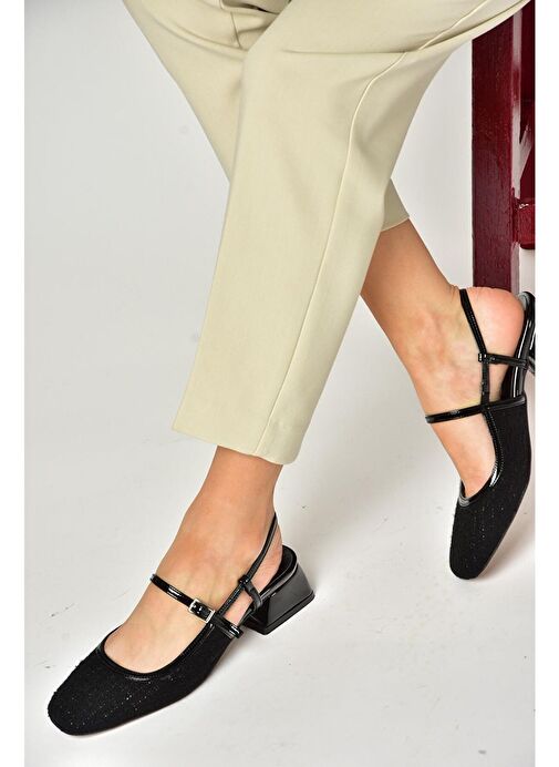 S472572604 Siyah Kumaş Kalın Topuklu Kadın Ayakkabı - Görsel 5