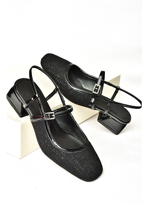 S472572604 Siyah Kumaş Kalın Topuklu Kadın Ayakkabı - Görsel 7