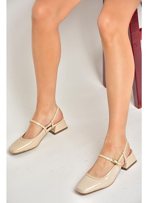 S472572608 Bej Rugan Kalın Topuklu Kadın Ayakkabı - Görsel 3