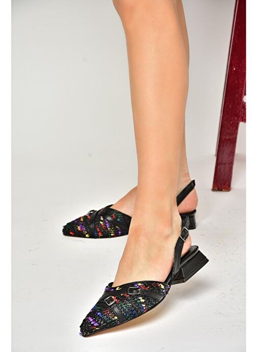 S960543104 Siyah Kumaş Kalın Topuklu Kadın Ayakkabı - Görsel 6