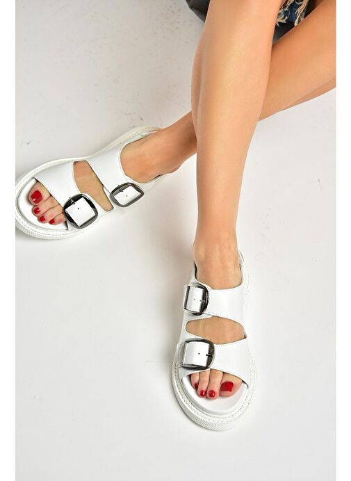 P540032803 Beyaz Hakiki Deri Kadın Sandalet - Görsel 2