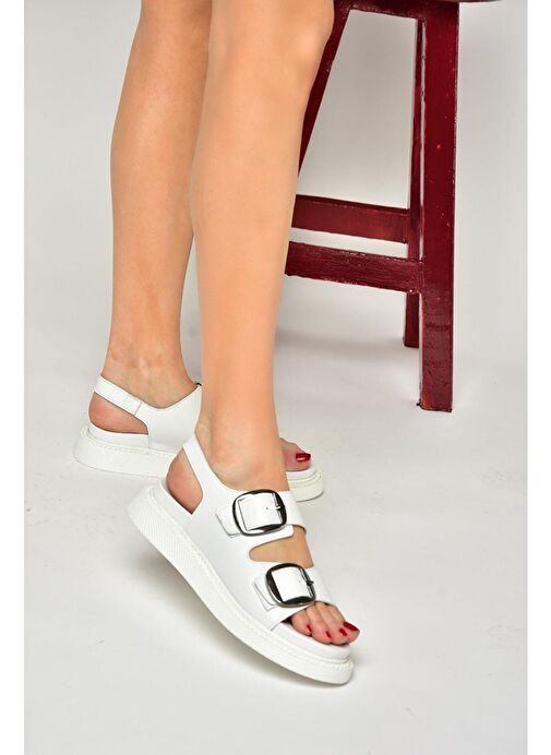 P540032803 Beyaz Hakiki Deri Kadın Sandalet - Görsel 3