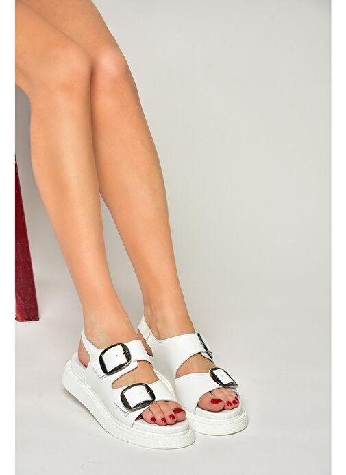 P540032803 Beyaz Hakiki Deri Kadın Sandalet - Görsel 4