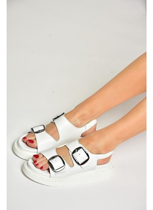 P540032803 Beyaz Hakiki Deri Kadın Sandalet - Görsel 5