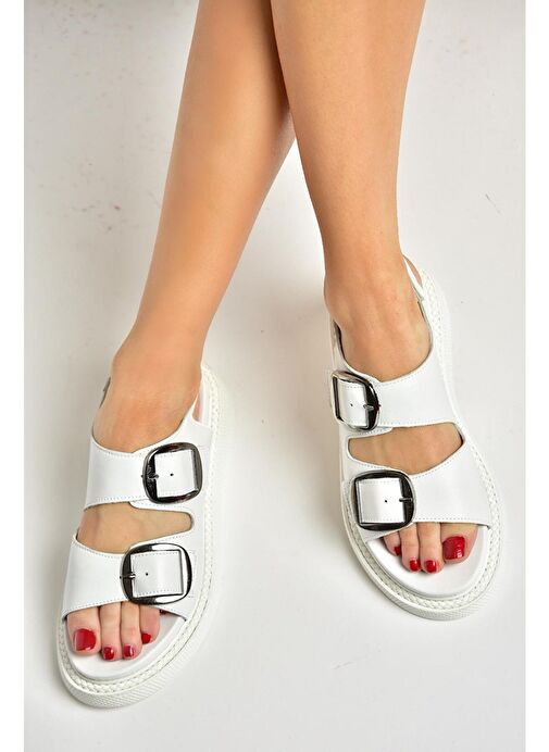 P540032803 Beyaz Hakiki Deri Kadın Sandalet - Görsel 6