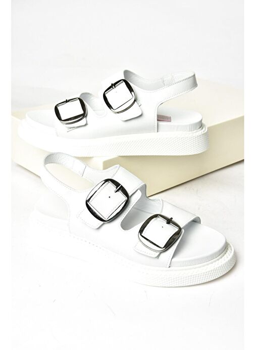 P540032803 Beyaz Hakiki Deri Kadın Sandalet - Görsel 7