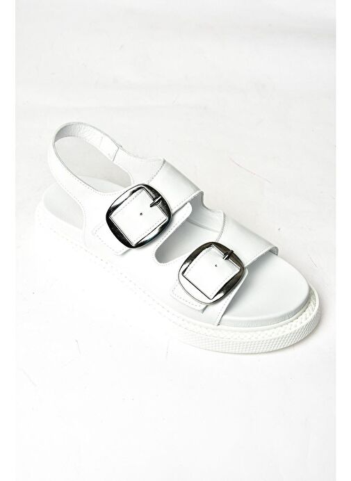 P540032803 Beyaz Hakiki Deri Kadın Sandalet - Görsel 9