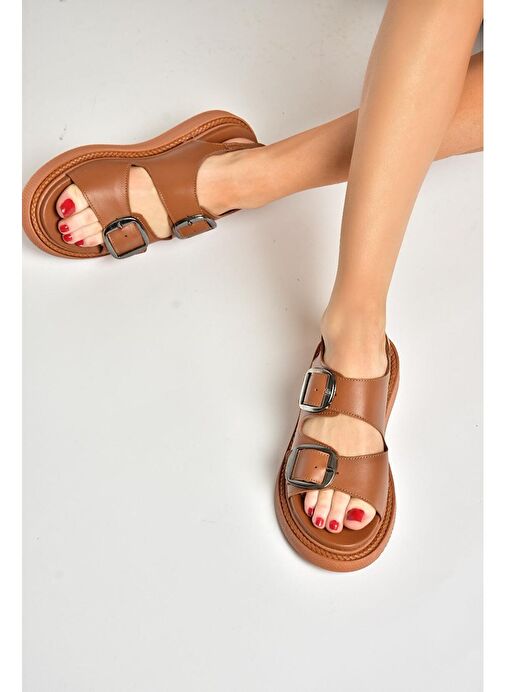 P540032803 Taba Hakiki Deri Kadın Sandalet - Görsel 2