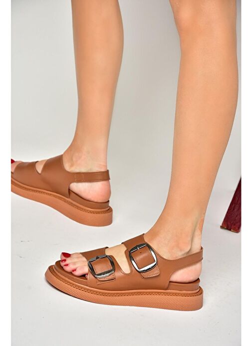 P540032803 Taba Hakiki Deri Kadın Sandalet - Görsel 4