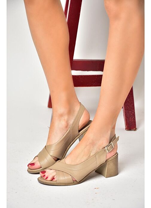 P555452203 Bej Hakiki Deri Kalın Topuklu Kadın Ayakkabı - Görsel 5