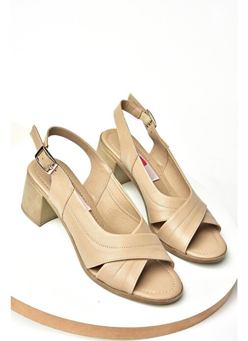 P555452203 Bej Hakiki Deri Kalın Topuklu Kadın Ayakkabı - Görsel 6