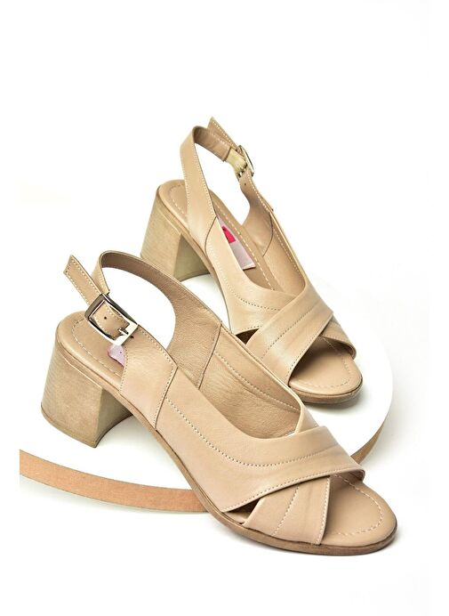 P555452203 Bej Hakiki Deri Kalın Topuklu Kadın Ayakkabı - Görsel 7