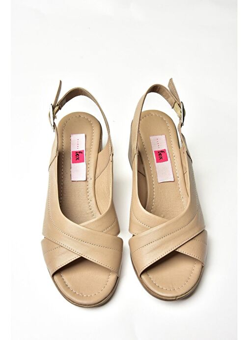 P555452203 Bej Hakiki Deri Kalın Topuklu Kadın Ayakkabı - Görsel 8