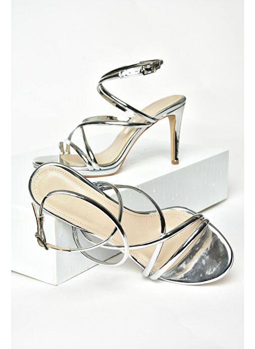 S569716534 Gümüş Ayna İnce Topuklu Kadın Abiye Ayakkabı - Görsel 8