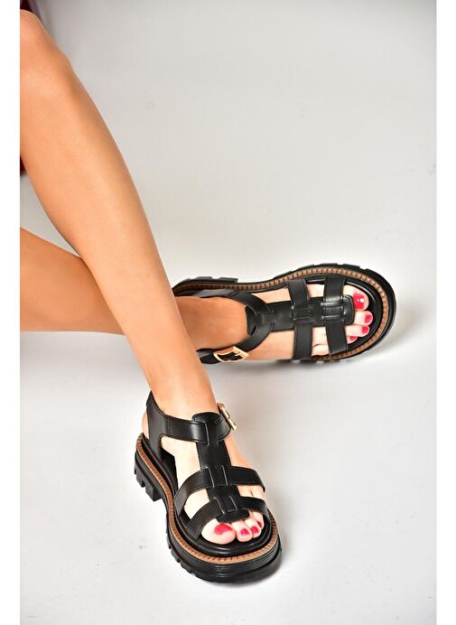S437302009 Siyah Kalın Tabanlı Kadın Sandalet - Görsel 2
