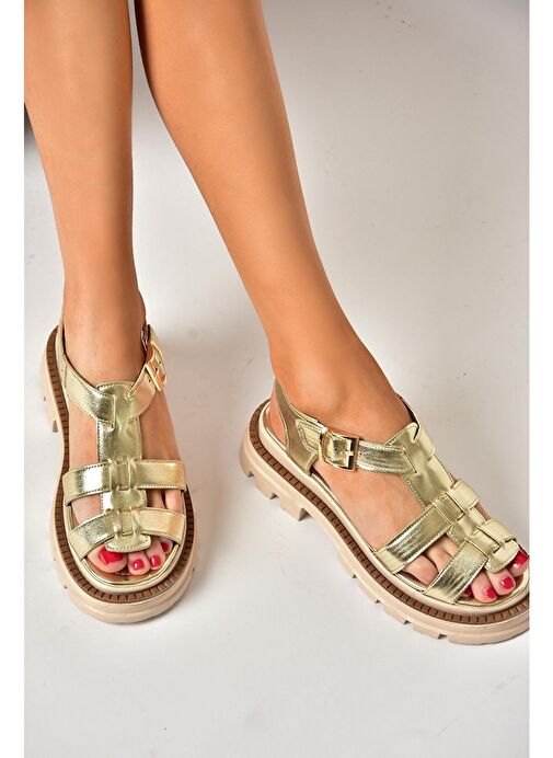 S437302009 Altın Kalın Tabanlı Kadın Sandalet - Görsel 4