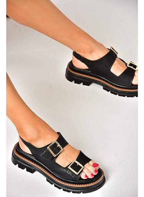 S437302209 Siyah Kalın Tabanlı Kadın Sandalet - Görsel 2