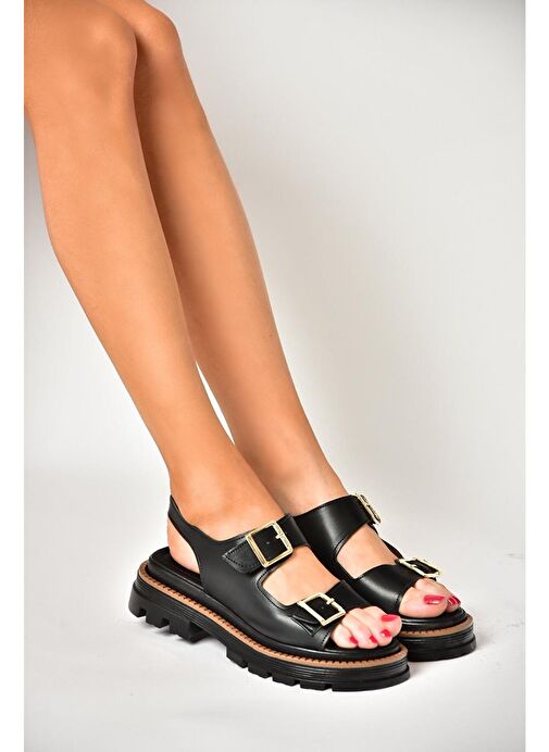 S437302209 Siyah Kalın Tabanlı Kadın Sandalet - Görsel 3
