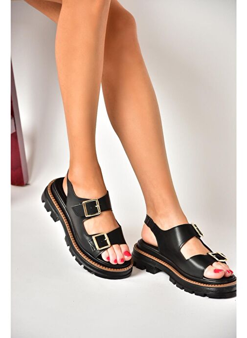S437302209 Siyah Kalın Tabanlı Kadın Sandalet - Görsel 4