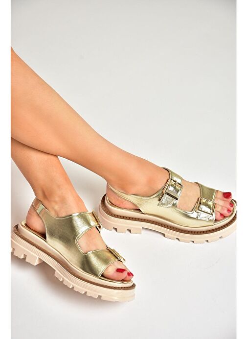S437302209 Altın Kalın Tabanlı Kadın Sandalet - Görsel 3