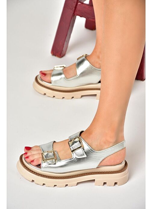 S437302209 Gümüş Kalın Tabanlı Kadın Sandalet - Görsel 3