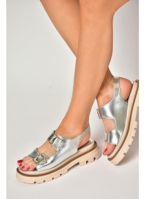 S437302209 Gümüş Kalın Tabanlı Kadın Sandalet - Görsel 4