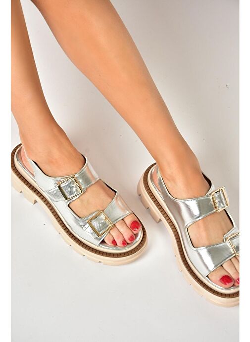 S437302209 Gümüş Kalın Tabanlı Kadın Sandalet - Görsel 5