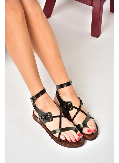 S374781503 Siyah Hakiki Deri Parmak Arası Kadın Sandalet - Görsel 2