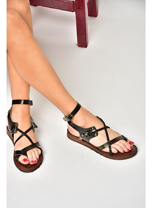 S374781503 Siyah Hakiki Deri Parmak Arası Kadın Sandalet - Görsel 5