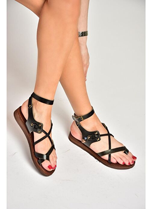 S374781503 Siyah Hakiki Deri Parmak Arası Kadın Sandalet - Görsel 6
