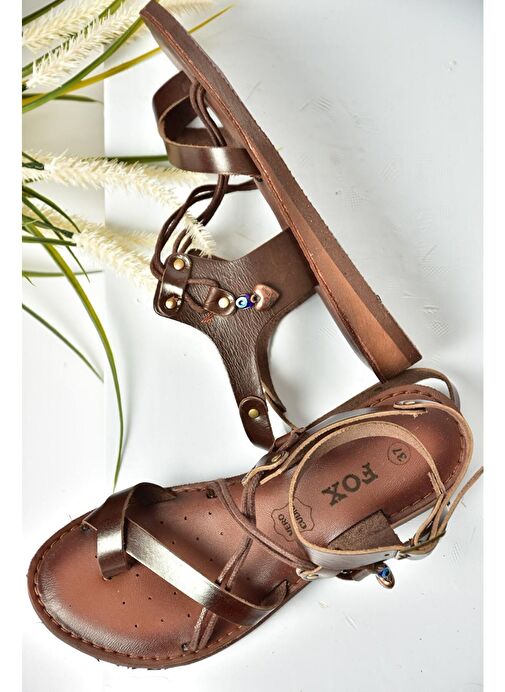 S374781503 Kahverengi Hakiki Deri Parmak Arası Kadın Sandalet - Görsel 2