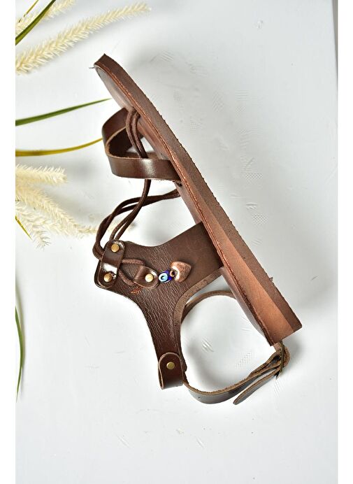 S374781503 Kahverengi Hakiki Deri Parmak Arası Kadın Sandalet - Görsel 3