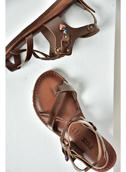 S374781503 Kahverengi Hakiki Deri Parmak Arası Kadın Sandalet - Görsel 4