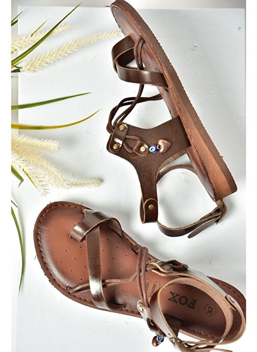 S374781503 Kahverengi Hakiki Deri Parmak Arası Kadın Sandalet - Görsel 5
