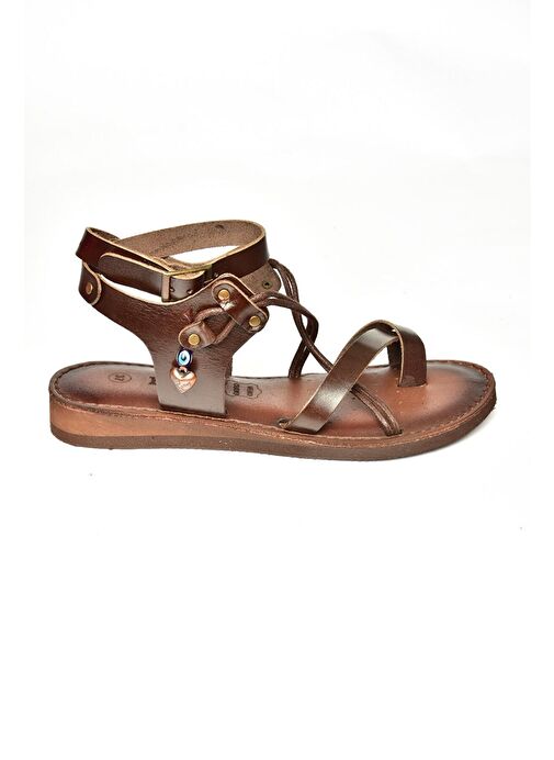 S374781503 Kahverengi Hakiki Deri Parmak Arası Kadın Sandalet - Görsel 6