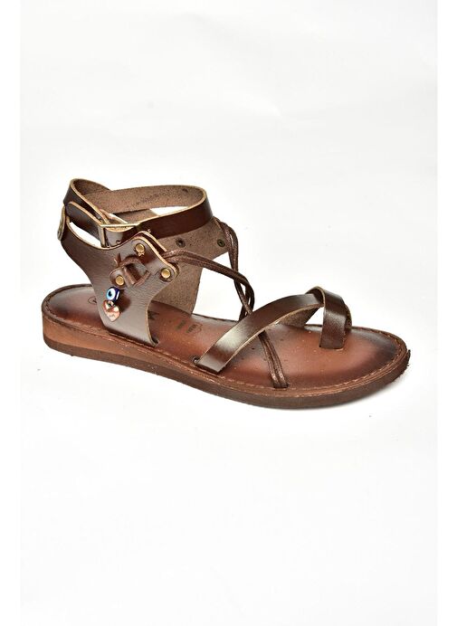 S374781503 Kahverengi Hakiki Deri Parmak Arası Kadın Sandalet - Görsel 7