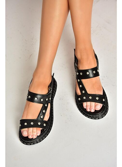 S610576609 Siyah Kalın Tabanlı Kadın Sandalet - Görsel 4