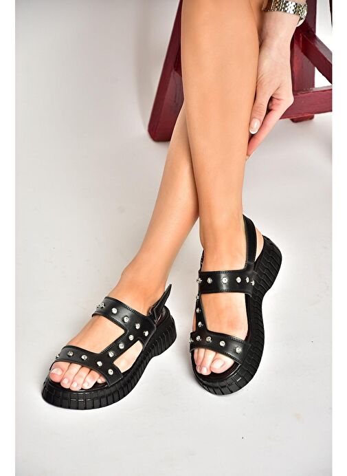 S610576609 Siyah Kalın Tabanlı Kadın Sandalet - Görsel 6