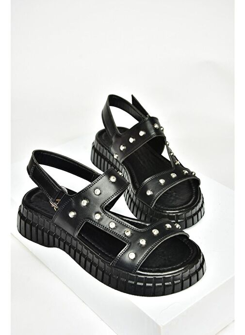 S610576609 Siyah Kalın Tabanlı Kadın Sandalet - Görsel 7