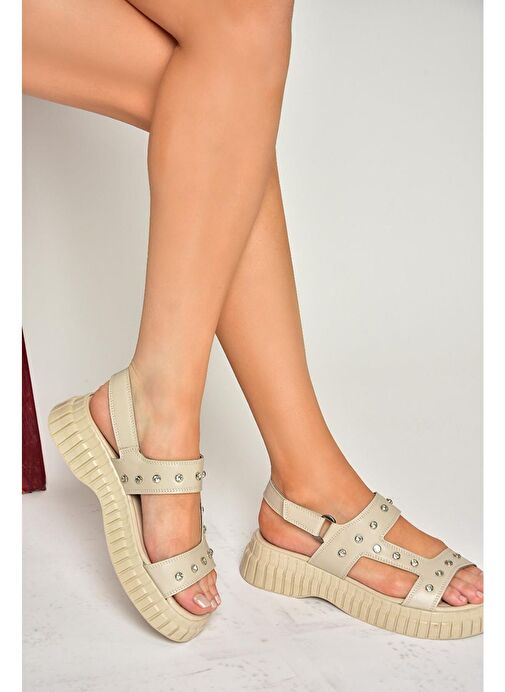 S610576609 Bej Kalın Tabanlı Kadın Sandalet - Görsel 3