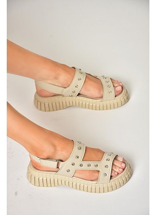 S610576609 Bej Kalın Tabanlı Kadın Sandalet - Görsel 4