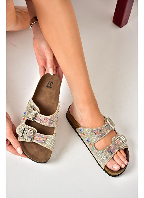 S777528302 Bej Süet Taşlı Kadın Terlik - Görsel 2